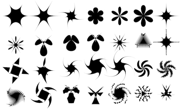 Des formes abstraites d'étoiles et de fleurs, des autocollants, des bulles, des étoiles, des boucles, des vagues, du style dessin animé.