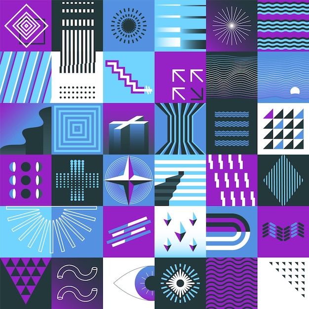 Formes abstraites Figures géométriques Collage Bauhaus Symboles de ligne brutaliste Carrés mosaïque Curve à rayures motif Flèches et croix Cercles concentriques minimalistes Arrière-plan vectoriel