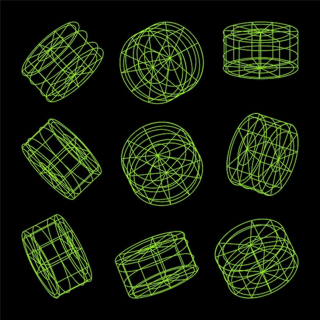 Des formes alignées en fil de fer, une grille 3D à maille perspective, des éléments polygométriques bas, des éléments de conception rétro-futuristes, des ondes de vapeur y2k et un style d'ondes synthétiques, une illustration vectorielle.
