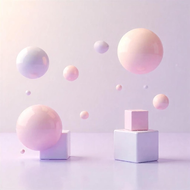 Des formes brillantes 3D minimalistes flottant sur un fond pastel doux avec un gradient et une texture moderne sans couture