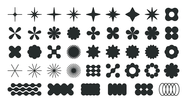 Formes brutales abstraites Figures géométriques contemporaines y2k Bauhaus éléments graphiques cercle d'étoiles et formes de fleurs vectorielles plates Set d'illustrations Collection de formes de design moderne