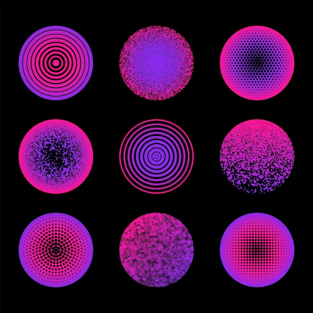 Vecteur les formes de cercle texturées vectorielles définissent une collection d'éléments de décoration de conception abstraite minimale