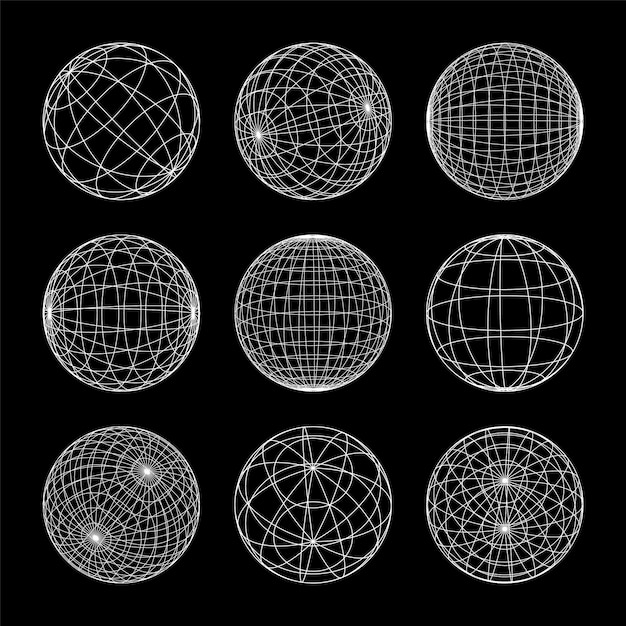 Des formes en fil de fer, des lignes, des sphères, des mailles de perspective, une grille basse, des éléments polygéométriques, rétro-futuristes.