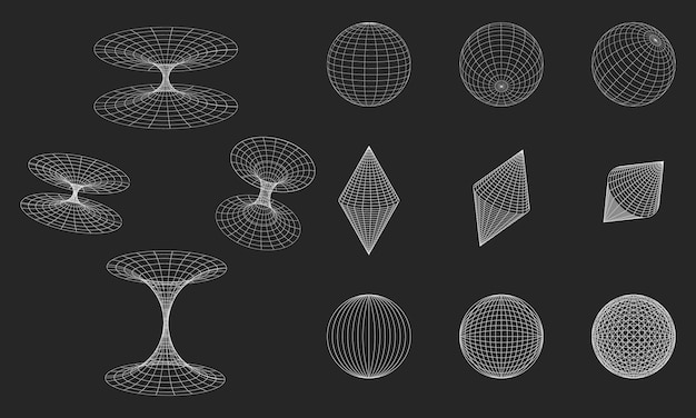 Formes filaires de géométrie 3D et grilles sur la couleur blanche Éléments de design futuriste rétro Éléments cyberpunk dans un style rave psychédélique à la mode