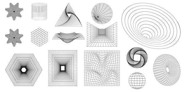 Formes filaires géométriques et grilles de couleur foncée sur un fond coloré transparent Résumé 3D