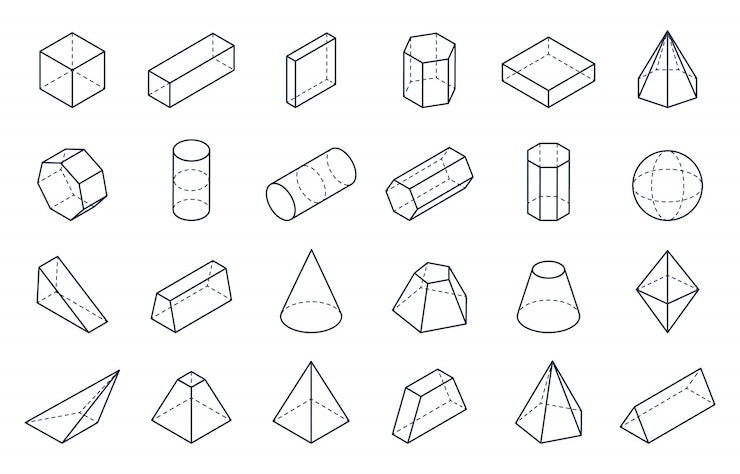 Formes géométriques 3D. Formes linéaires isométriques, objets de polygone bas de pyramide de cylindre de cône cube. isométrique minimal