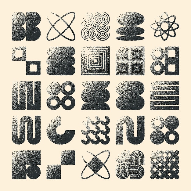 Des formes géométriques brutales, des objets pointillés, des éléments ponctuels, des symboles modernes, des formes simples et primitives.