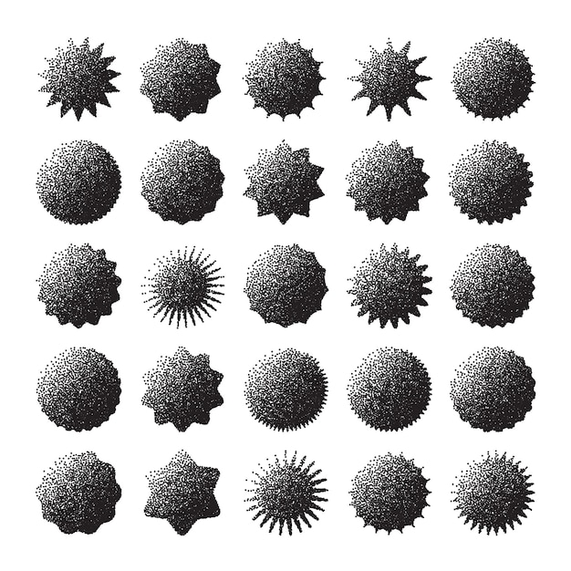 Des formes géométriques brutales, des objets pointillés, des éléments ponctuels, des symboles modernes, des formes simples et primitives.