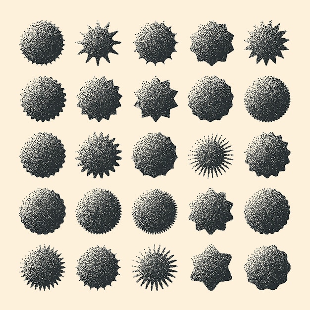 Des formes géométriques brutales, des objets pointillés, des éléments ponctuels, des symboles modernes, des formes simples et primitives.