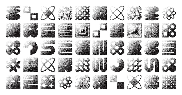 Des formes géométriques brutales, des objets pointillés, des éléments ponctuels, des symboles modernes, des formes simples et primitives.