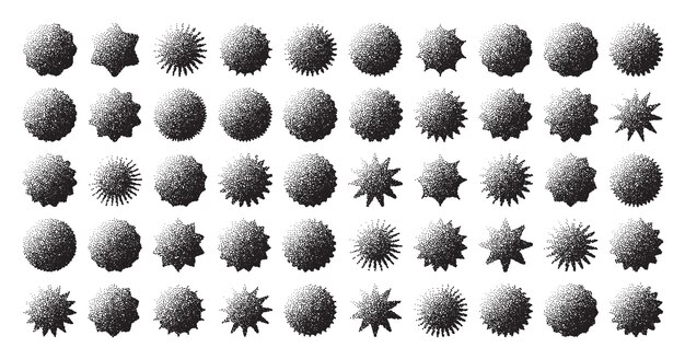 Des formes géométriques brutales, des objets pointillés, des éléments ponctuels, des symboles modernes, des formes simples et primitives.