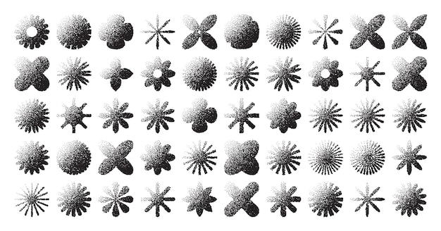 Des formes géométriques brutales, des objets pointillés, des éléments ponctuels, des symboles modernes, des formes simples et primitives.