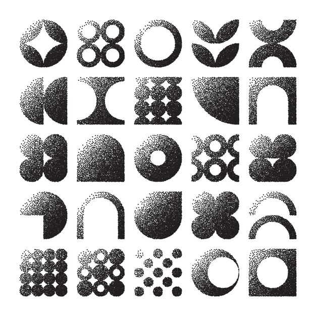 Des formes géométriques brutales, des objets pointillés, des éléments ponctuels, des symboles modernes, des formes simples et primitives.