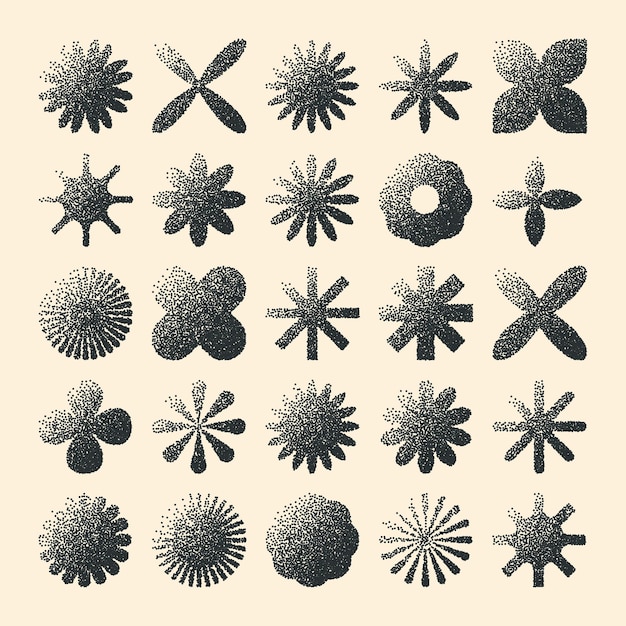 Des formes géométriques brutales, des objets pointillés, des éléments ponctuels, des symboles modernes, des formes simples et primitives.