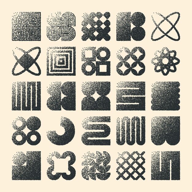Des formes géométriques brutales, des objets pointillés, des éléments ponctuels, des symboles modernes, des formes simples et primitives.
