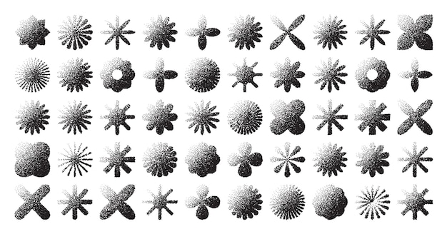Des formes géométriques brutales, des objets pointillés, des éléments ponctuels, des symboles modernes, des formes simples et primitives.
