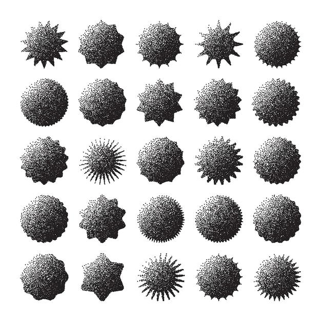 Des formes géométriques brutales, des objets pointillés, des éléments ponctuels, des symboles modernes, des formes simples et primitives.