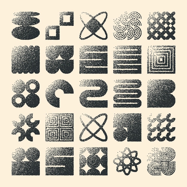 Des formes géométriques brutales, des objets pointillés, des éléments ponctuels, des symboles modernes, des formes simples et primitives.