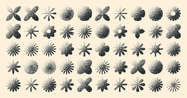 Des formes géométriques brutales, des objets pointillés, des éléments ponctuels, des symboles modernes, des formes simples et primitives.