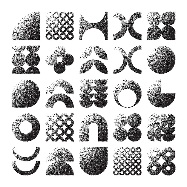 Des formes géométriques brutales, des objets pointillés, des éléments ponctuels, des symboles modernes, des formes simples et primitives.