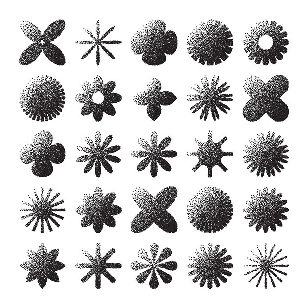 Des formes géométriques brutales, des objets pointillés, des éléments ponctuels, des symboles modernes, des formes simples et primitives.