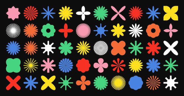Des formes géométriques brutales, des symboles colorés, des éléments et des formes primitifs simples, un design rétro, un style minimaliste contemporain à la mode, une illustration vectorielle.