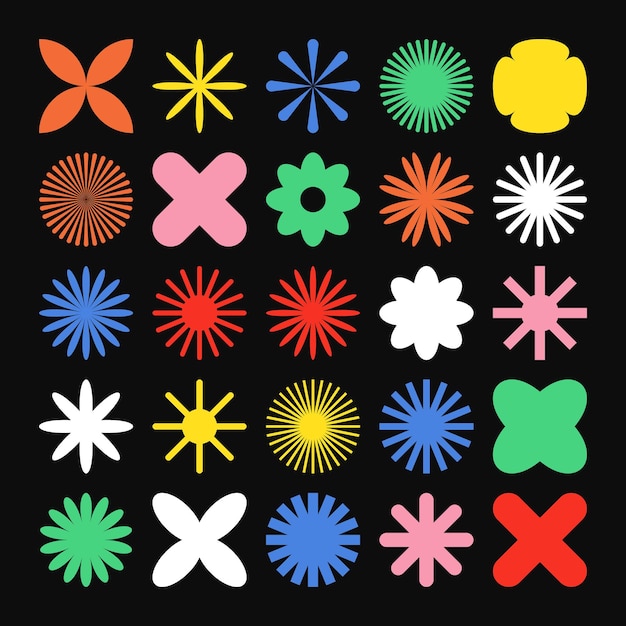 Des formes géométriques brutales, des symboles colorés, des éléments et des formes simples et primitives.