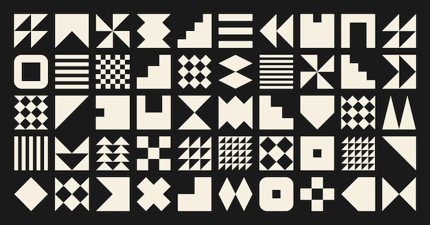 Des formes géométriques brutales, des symboles colorés, des éléments et des formes simples et primitives.