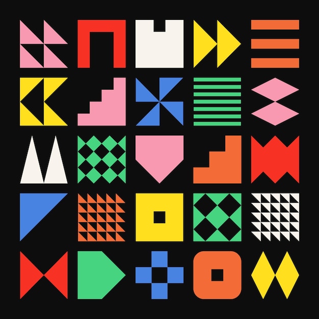Des formes géométriques brutales, des symboles colorés, des éléments et des formes simples et primitives.