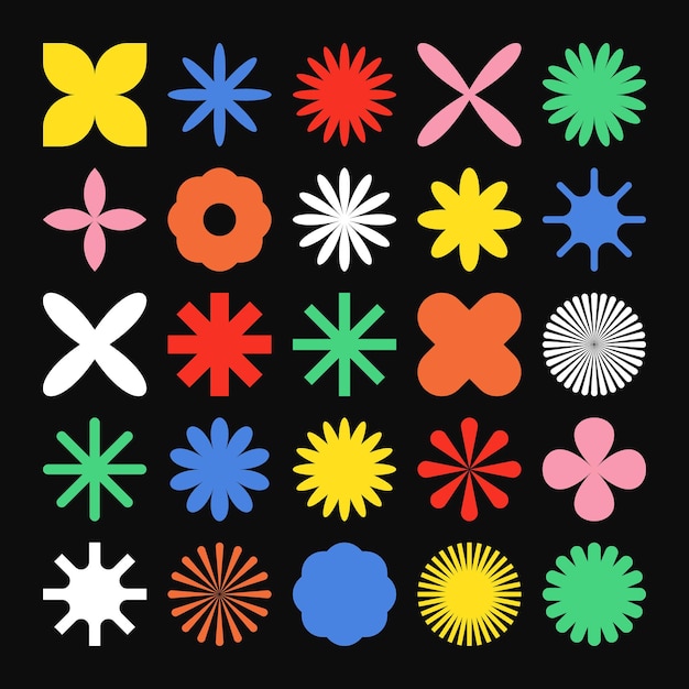 Des formes géométriques brutales, des symboles colorés, des éléments et des formes simples et primitives.
