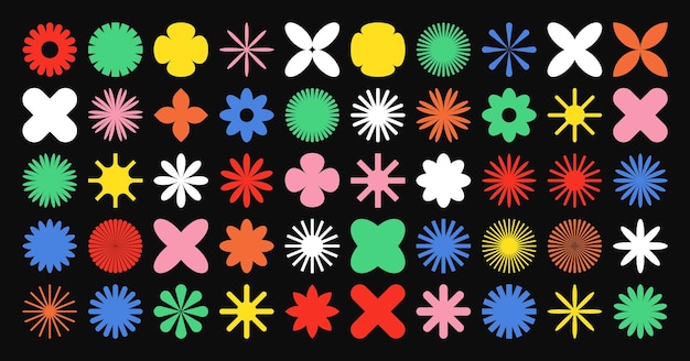 Des formes géométriques brutales, des symboles colorés, des éléments et des formes simples et primitives.