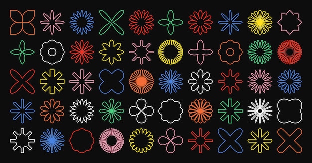 Des formes géométriques brutales, des symboles colorés, des éléments et des formes simples et primitives.