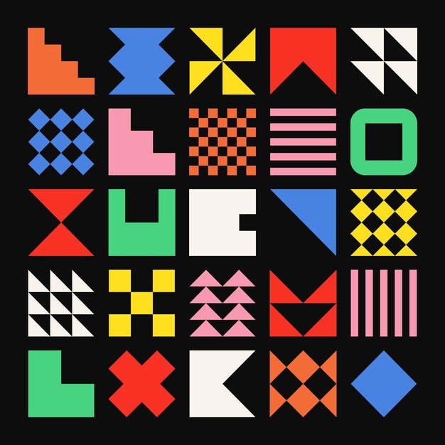 Des formes géométriques brutales, des symboles colorés, des éléments et des formes simples et primitives.