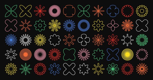 Des formes géométriques brutales, des symboles colorés, des éléments et des formes simples et primitives.