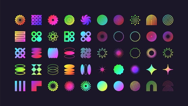 Des formes géométriques brutales, des symboles modernes, du néon coloré, des éléments et des formes simples et primitives, rétro.