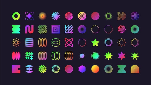 Des formes géométriques brutales, des symboles modernes, du néon coloré, des éléments et des formes simples et primitives, rétro.