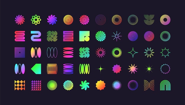 Des formes géométriques brutales, des symboles modernes, du néon coloré, des éléments et des formes simples et primitives, rétro.