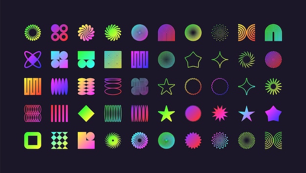 Des formes géométriques brutales, des symboles modernes, du néon coloré, des éléments et des formes simples et primitives, rétro.