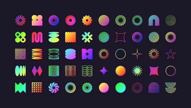 Des formes géométriques brutales, des symboles modernes, du néon coloré, des éléments et des formes simples et primitives, rétro.