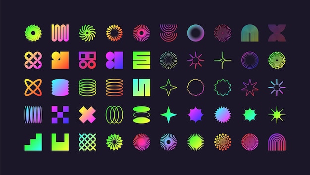 Des formes géométriques brutales, des symboles modernes, du néon coloré, des éléments et des formes simples et primitives, rétro.