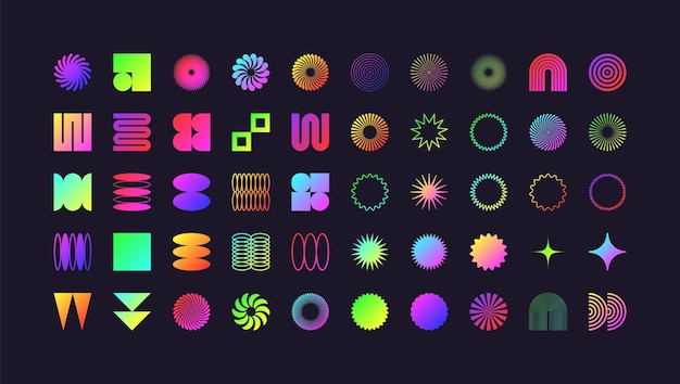 Des formes géométriques brutales, des symboles modernes, du néon coloré, des éléments et des formes simples et primitives, rétro.
