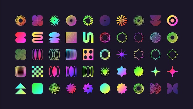 Des formes géométriques brutales, des symboles modernes, du néon coloré, des éléments et des formes simples et primitives, rétro.