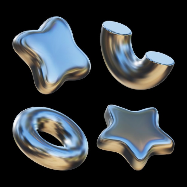 Des formes géométriques en chrome 3D, un quadrilatère en chrome liquide avec réflexion de gradient.