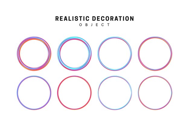 Formes géométriques dégradées, roses et bleues. Définir des éléments de design décoratif isolés sur fond blanc. Objets 3d en forme d'anneaux ronds d'épaisseur différente. Illustration vectorielle réaliste.