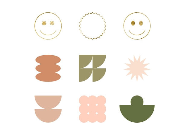 Formes géométriques rétro colorées avec des visages souriants dorés Cadres d'illustration vectorielle