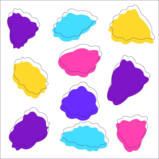 Des formes liquides abstraites vectorielles de couleur, des taches avec des lignes sur un fond blanc