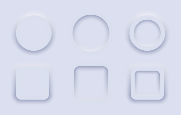Les formes néomorphes définissent l'icône des formes circulaires et carrées sombres et subtiles de type 3D avec des ombres douces représentant le style de conception du néomorphisme Idéal pour les éléments d'interface utilisateur modernes avec un aspect lisse