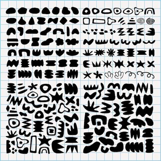 Des formes noires abstraites sur du papier à grille Des dessins géométriques abstraits et artistiques remplissent la grille Les formes varient en taille et en forme créant un motif abstrait Un ensemble de vecteurs noirs et blancs