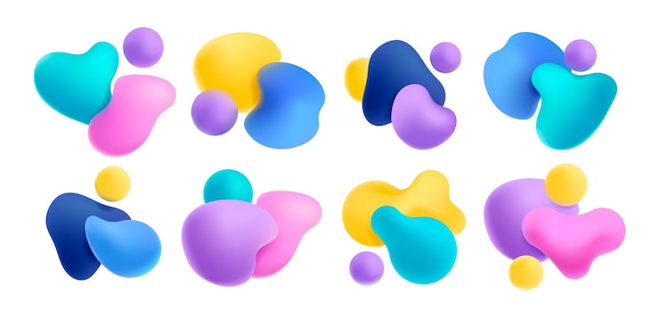 Vecteur des formes organiques colorées des éléments organiques abstraits avec diverses réflexions et effets des éléments créatifs de fantaisie minimes une collection isolée vectorielle des éclaboussures et des sphères abstraites vives