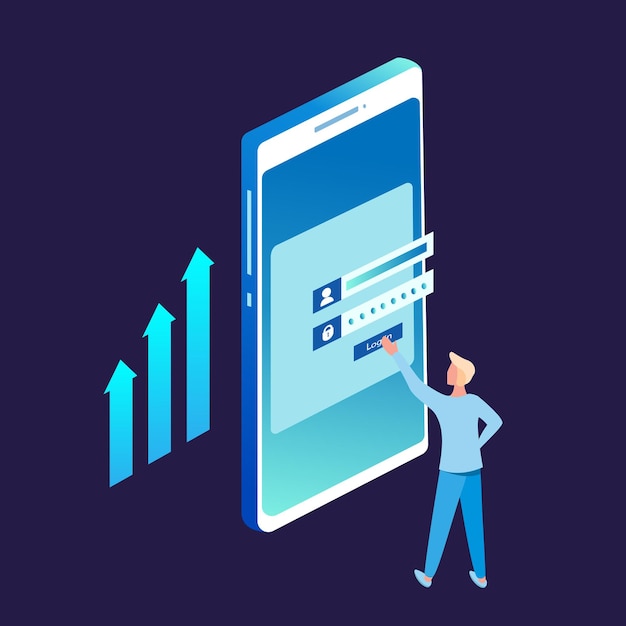 Vecteur formulaire d'inscription ou interface utilisateur de connexion. un homme se tient devant des données sécurisées saisies. un grand écran mobile